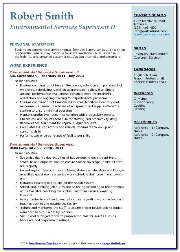 Environmental Services Manager Resume Sample