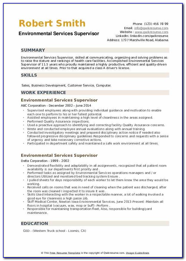 Environmental Services Manager Resume