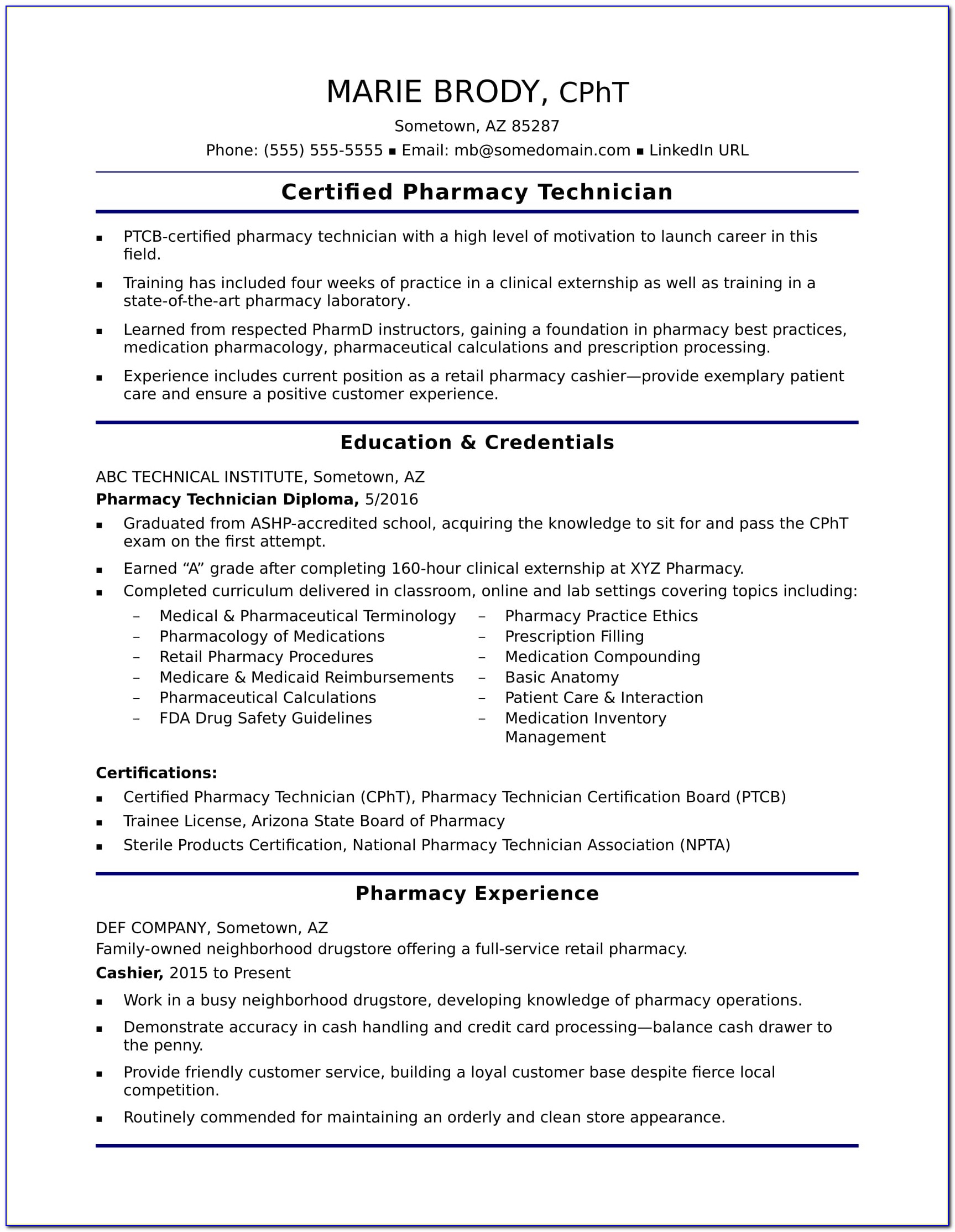 Examples Of Pharmacy Tech Resumes