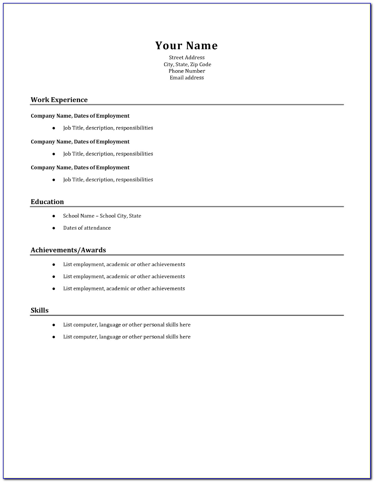 First Job Simple Resume Format
