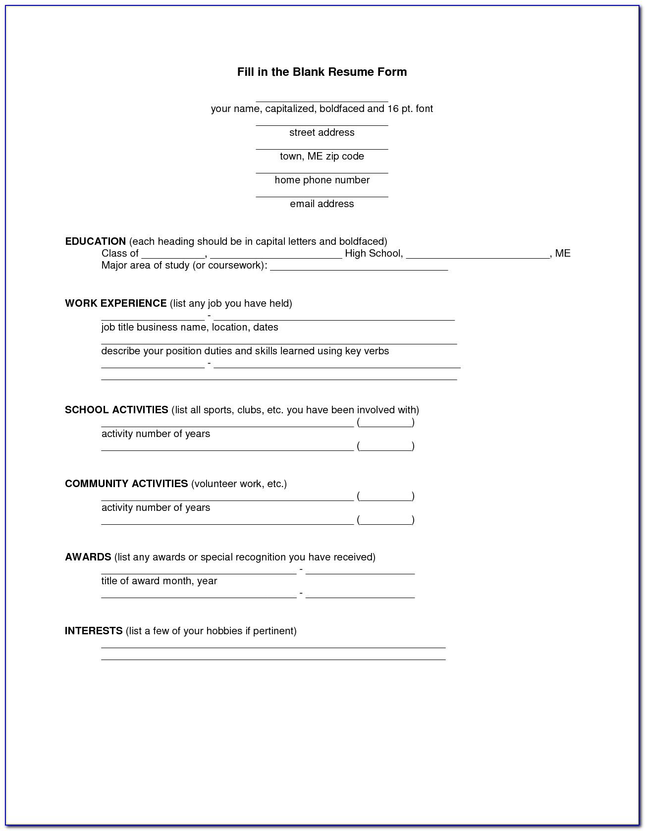 Free Fillable Resume Form