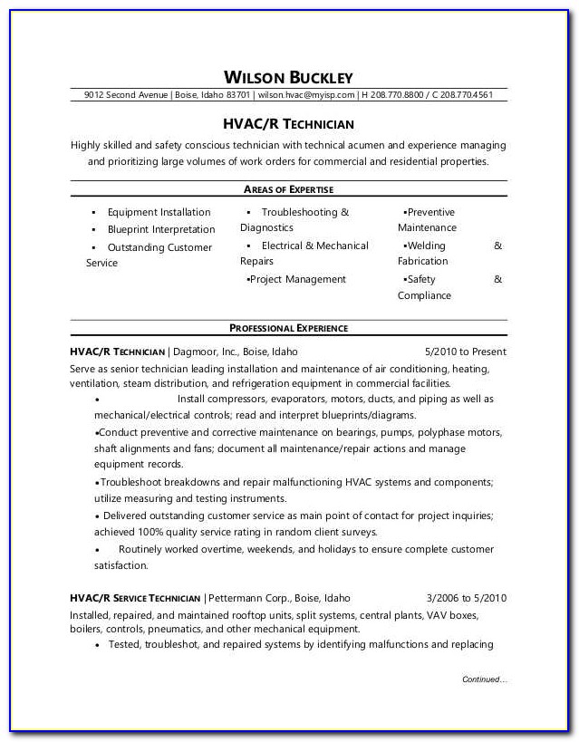 Hvac Service Technician Job Description For Resume