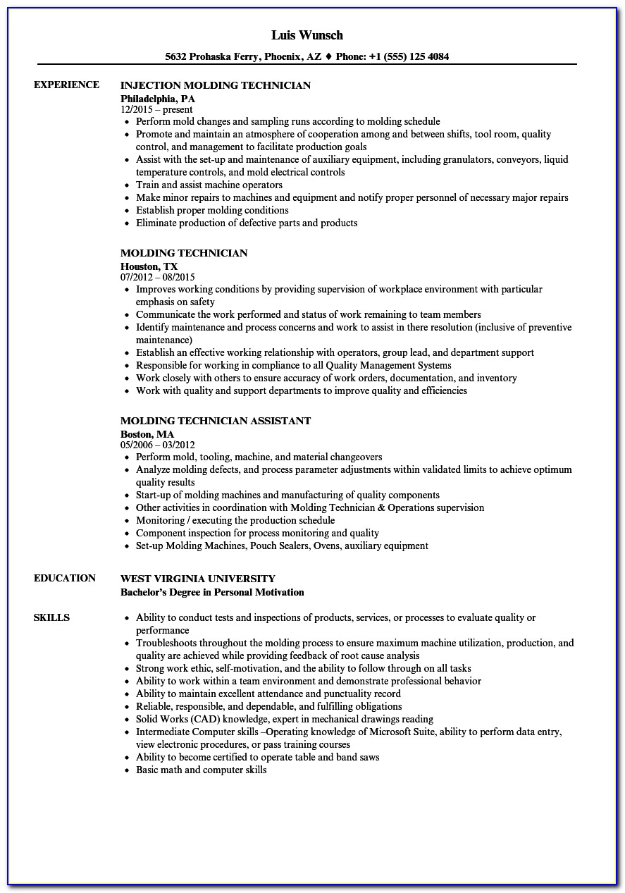 Injection Molding Process Technician Resume