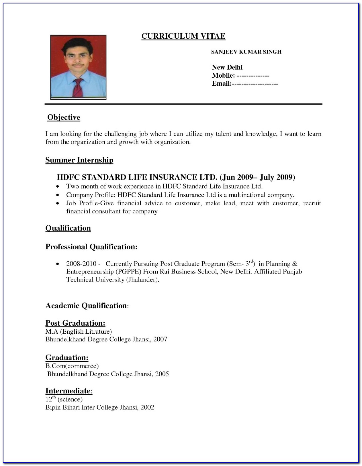 Job Application Resume Sample Pdf