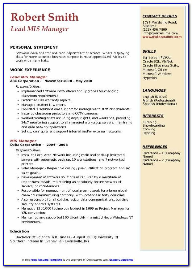 Mis Manager Resume Sample India