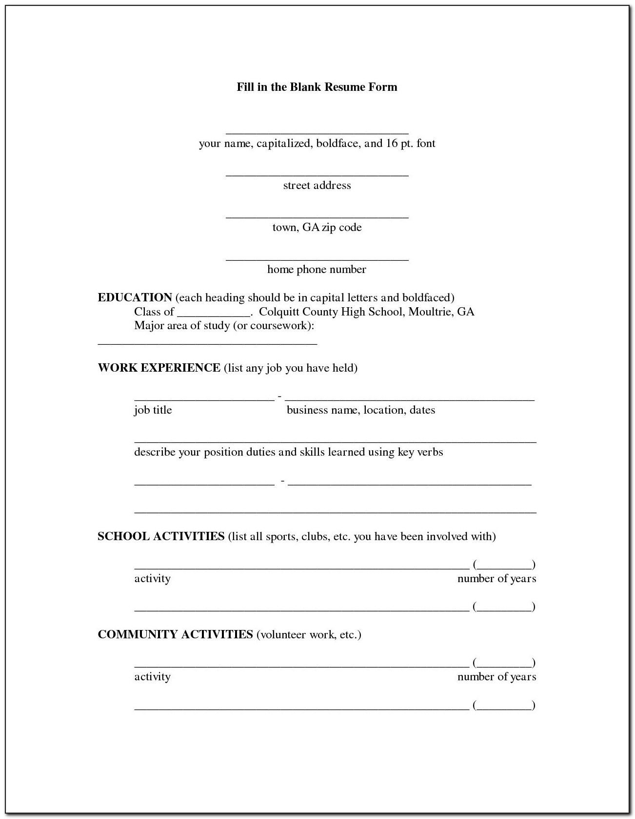 Printable Fill In Resume Form