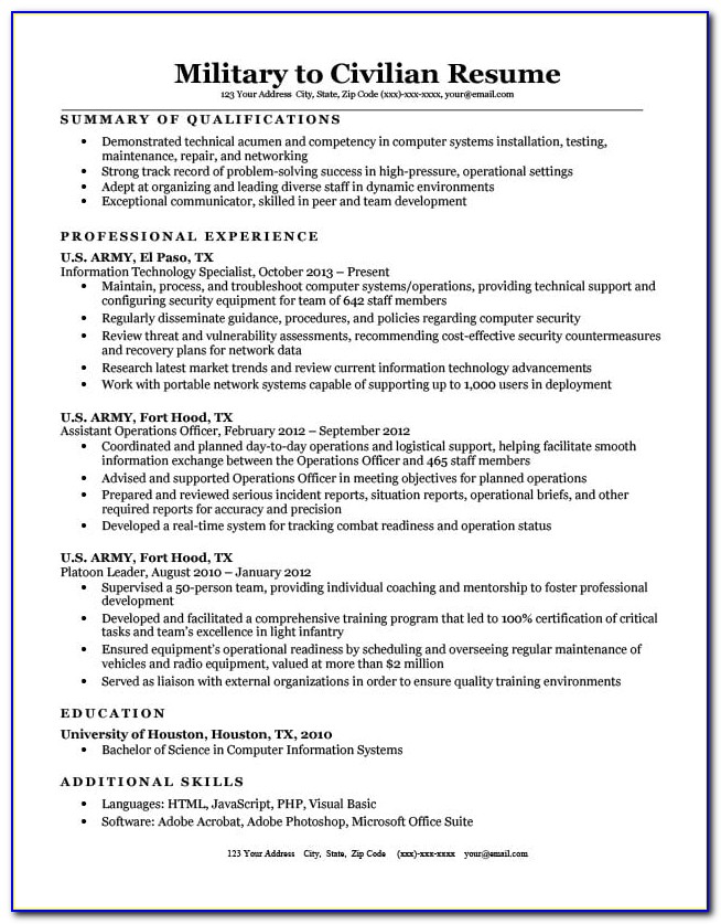 Resume Examples For Military To Civilian