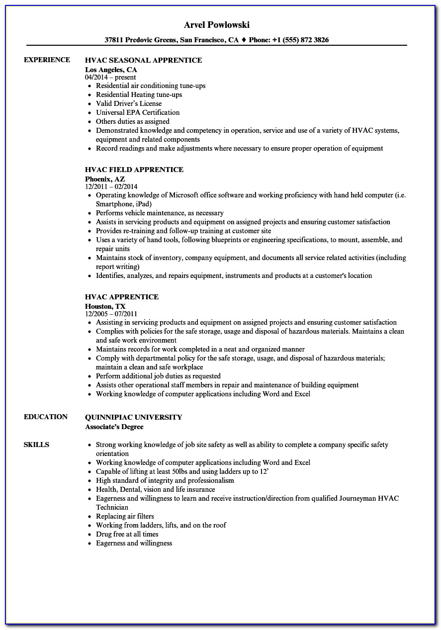 Resume For Hvac Apprentice