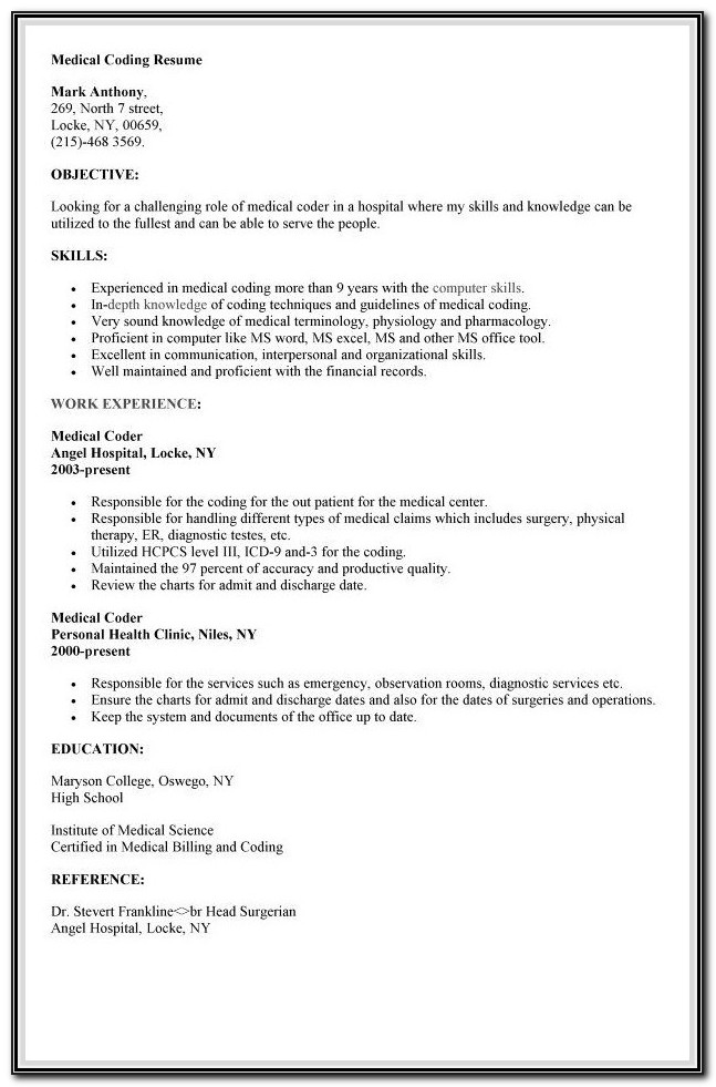 Resume For Medical Insurance Billing And Coding