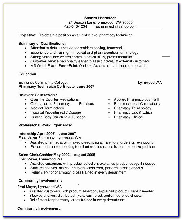 Resume For Pharmacy Technician Trainee