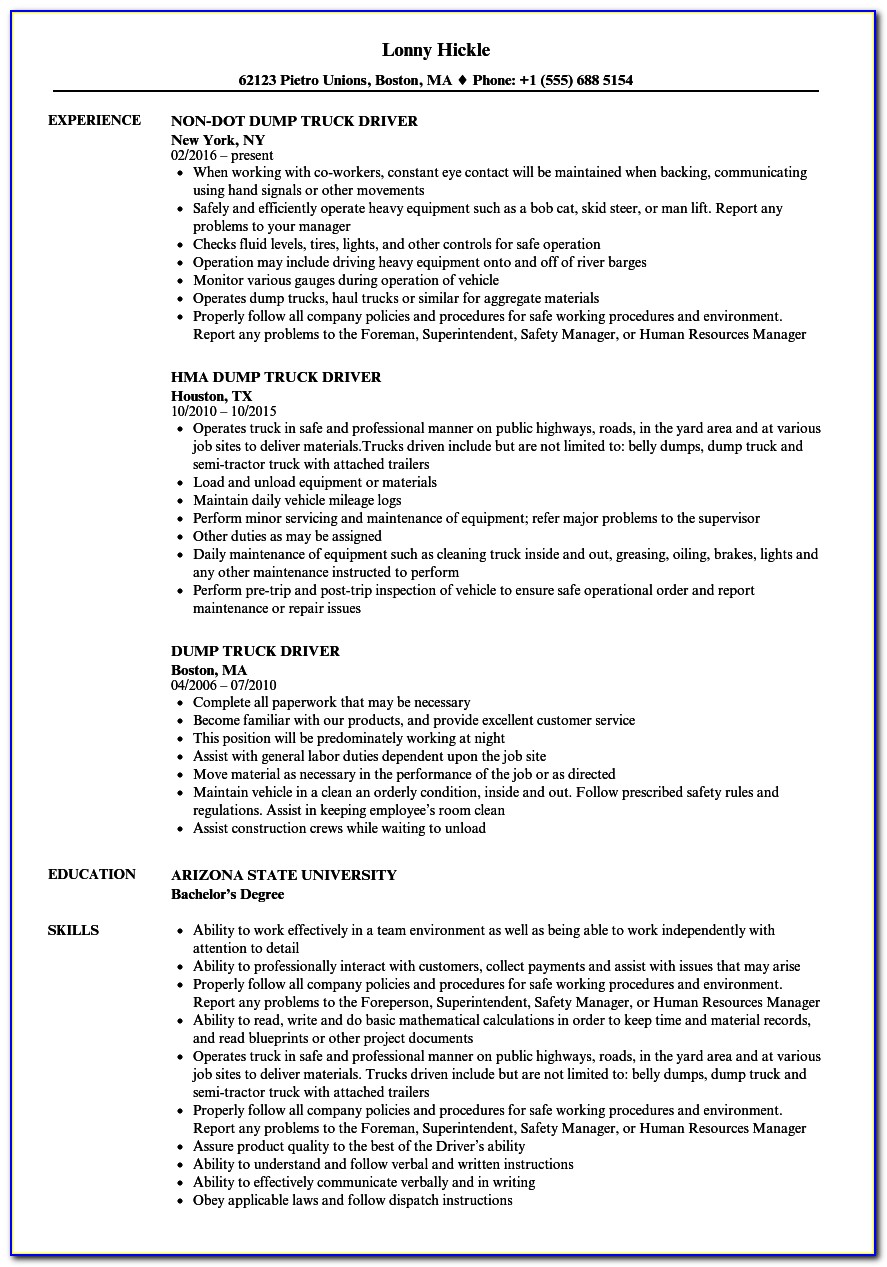 Resume For Truck Driver Position