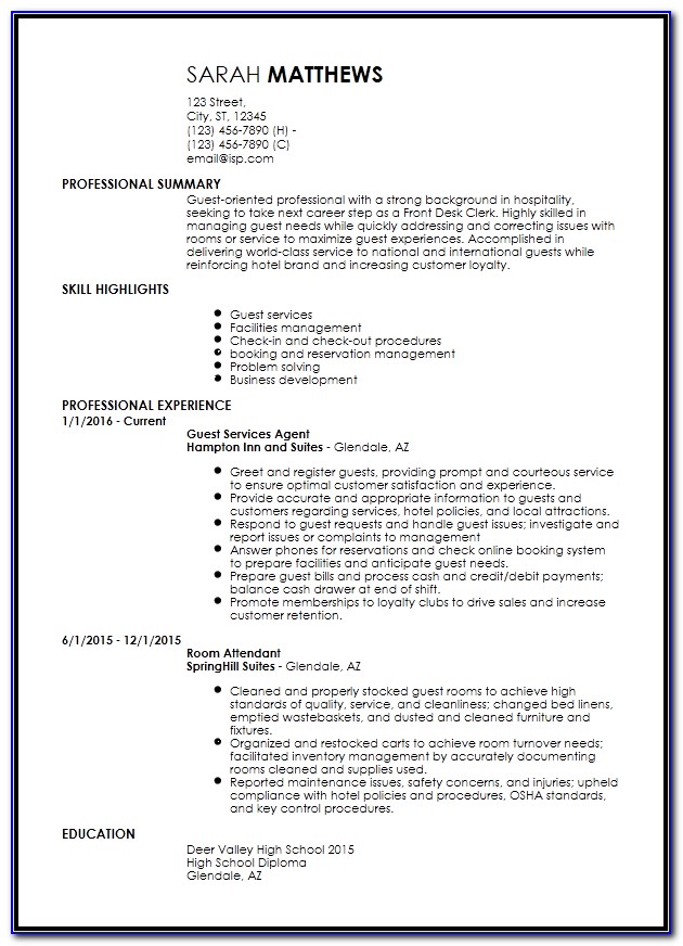 Resume Format For Hospitality Industry