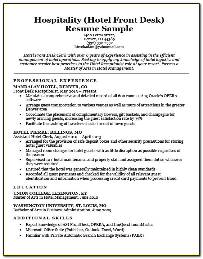 Resume Format For Hospitality Management