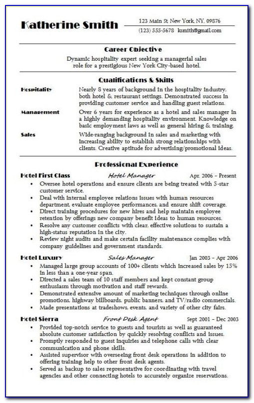 Resume Format For Hospitality