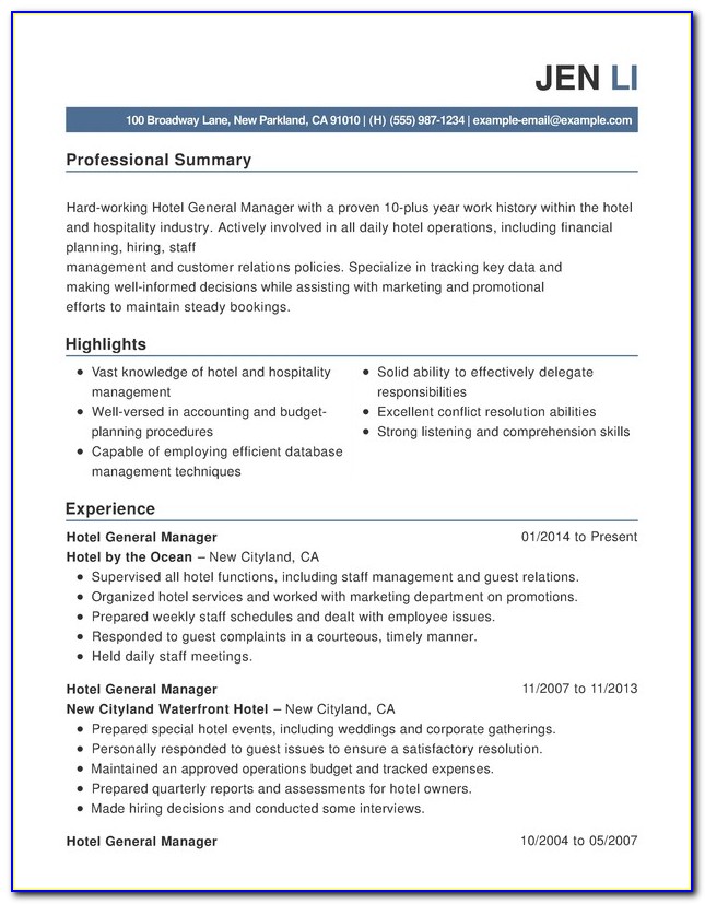 Resume Format For Hotel Industry