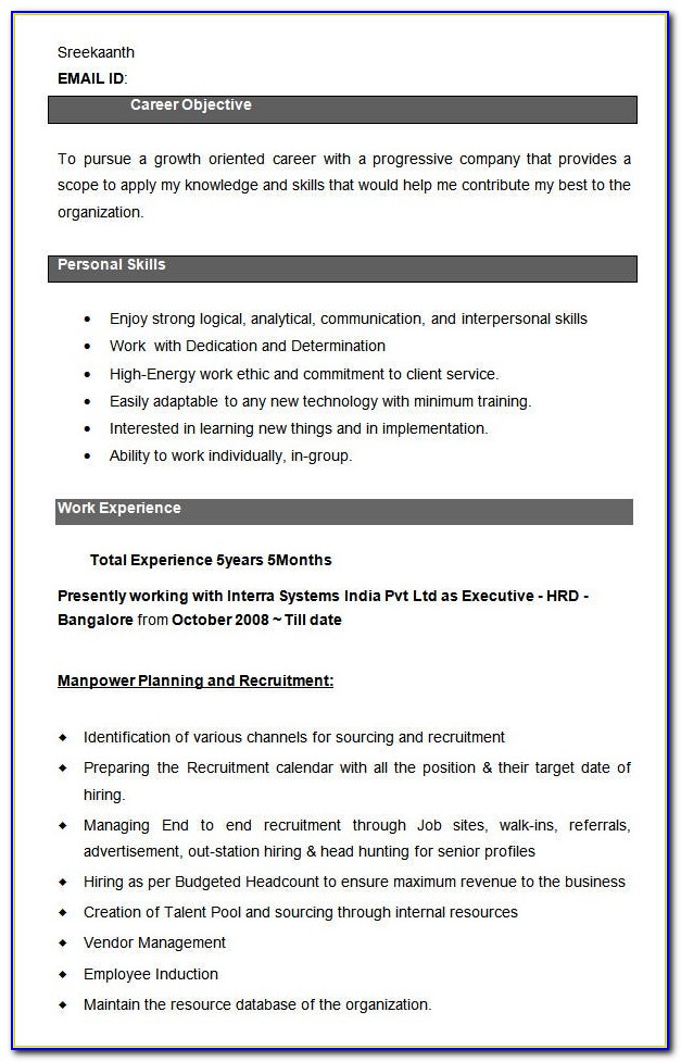 Resume Format For Hr Executive Experience