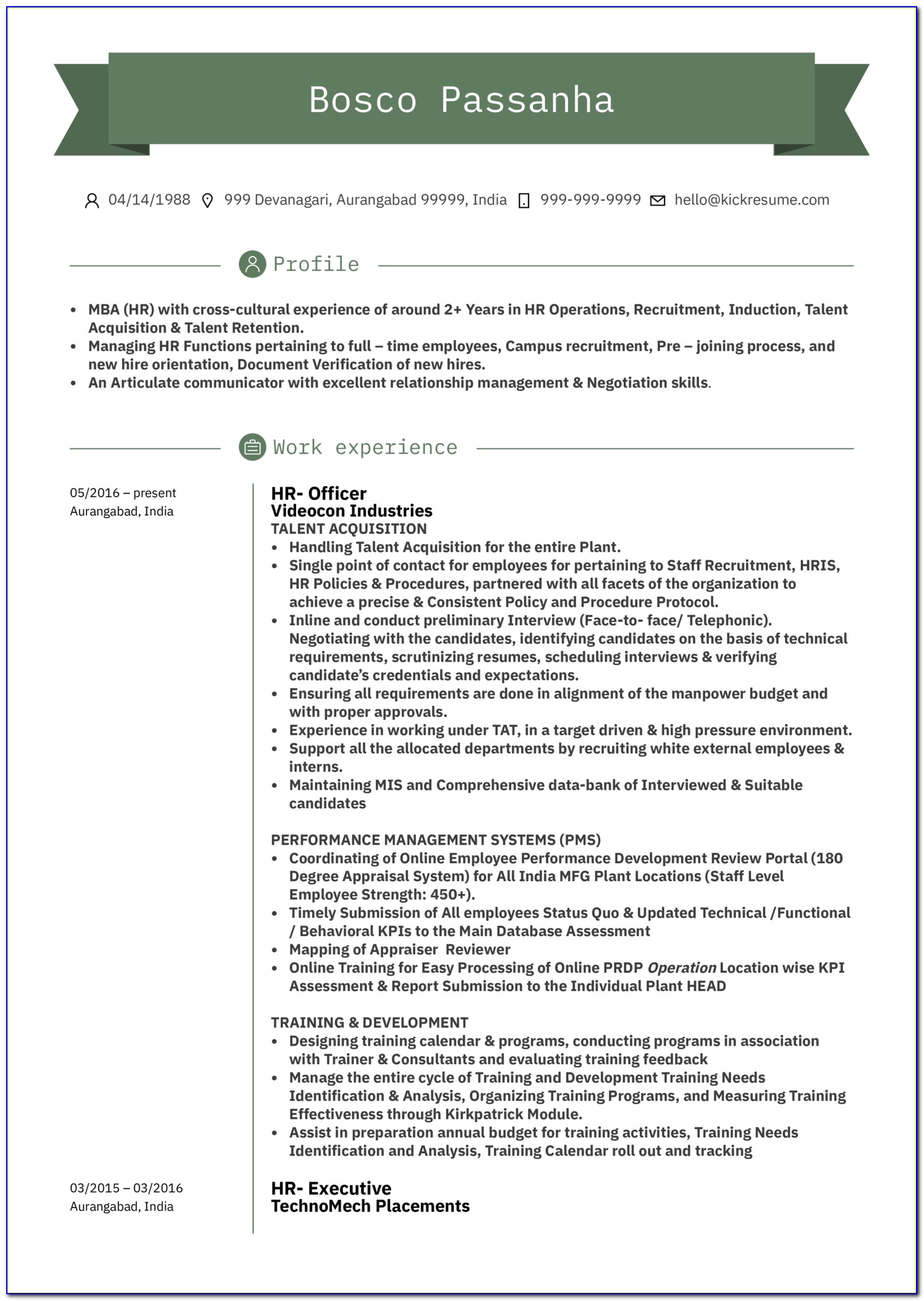 Resume Format For Human Resource Executive