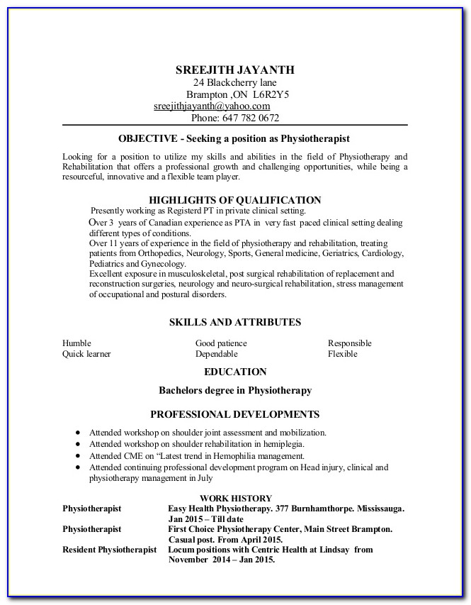 Resume Format For Physiotherapy Jobs