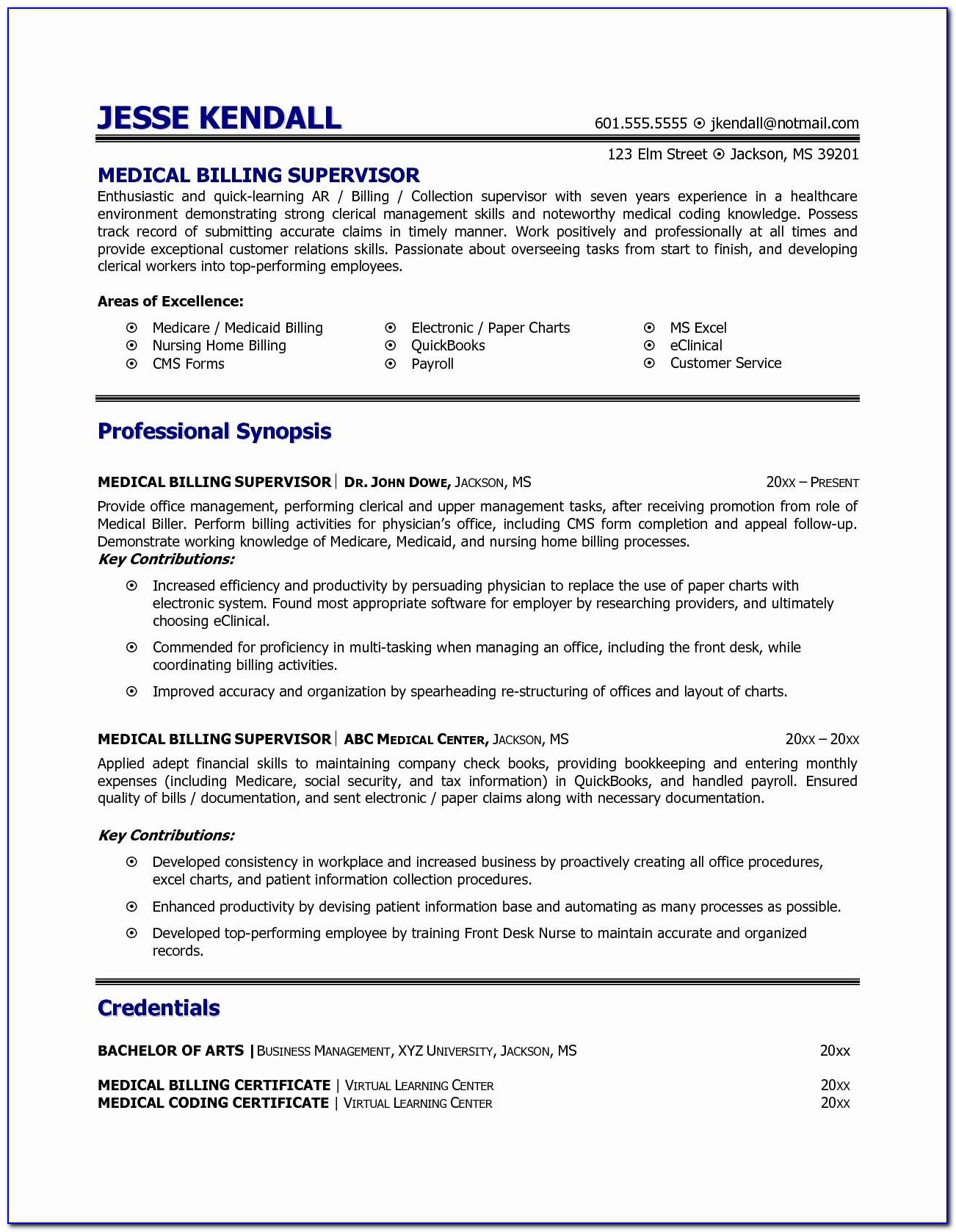 Resume Medical Billing Specialist