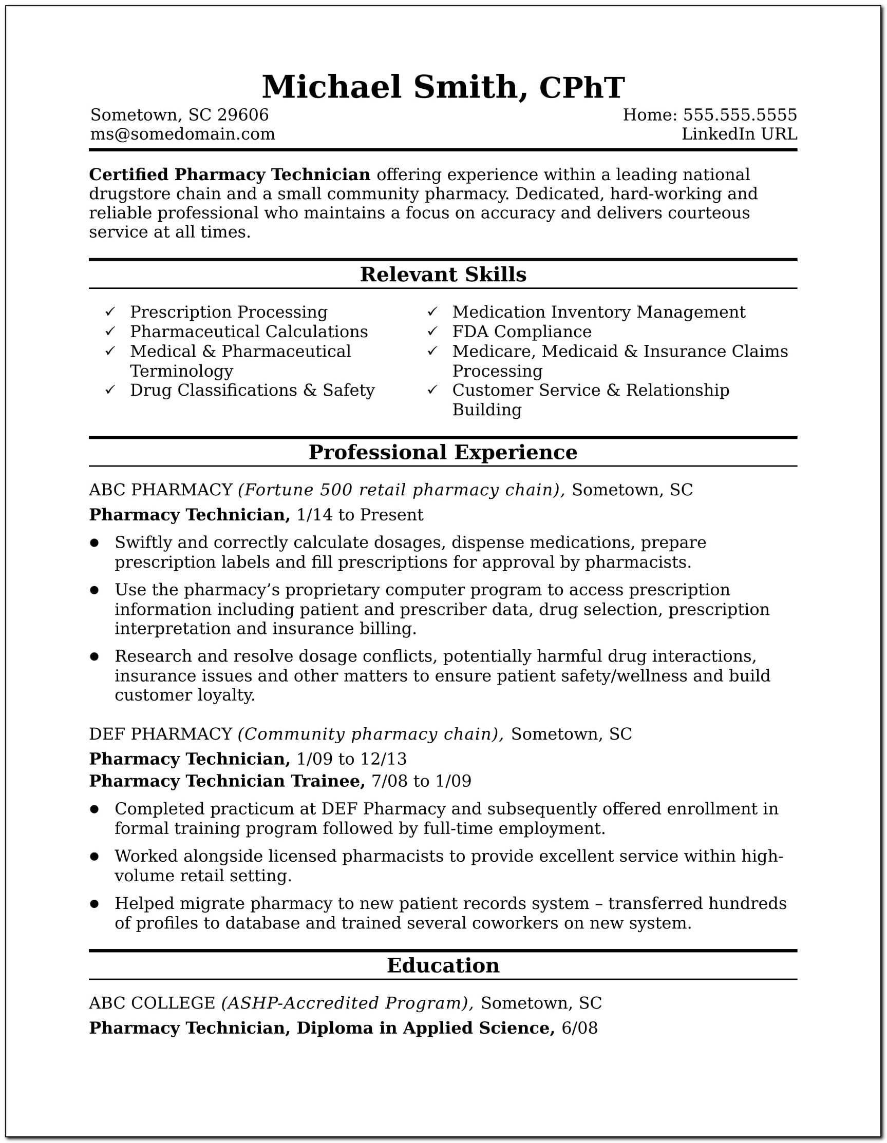 Resume Objective For A Pharmacy Technician