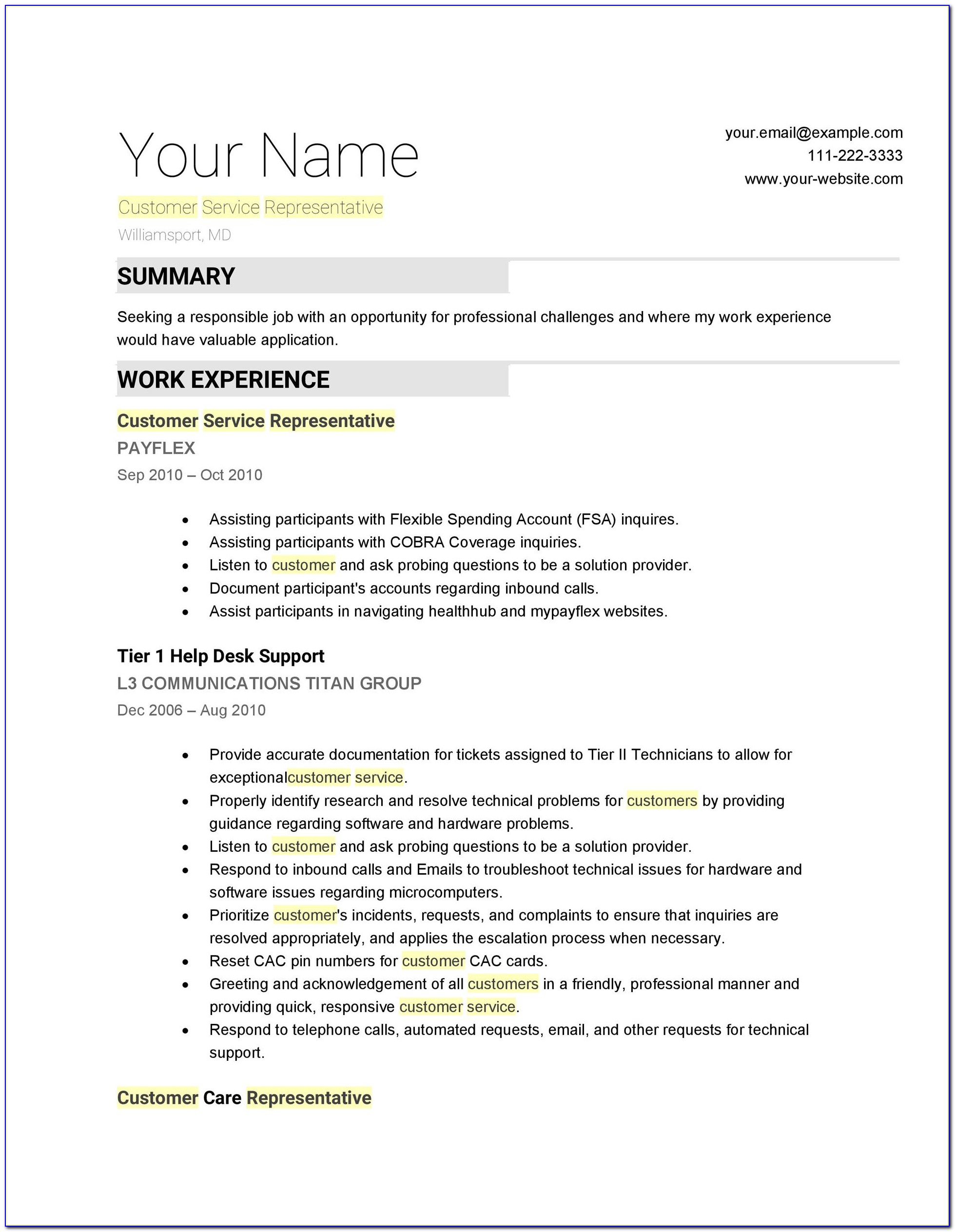 Resume Profile Example For Customer Service