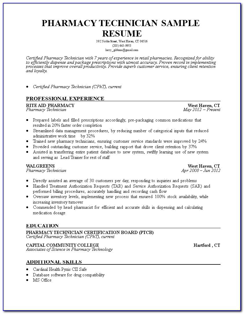 Resume Profile For A Pharmacy Technician