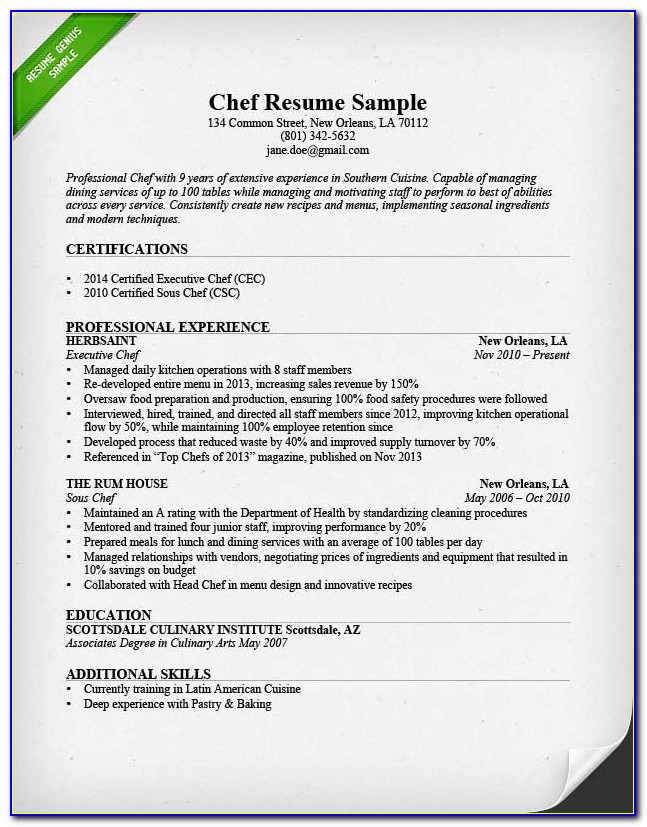 Resume Sample For Chef Position