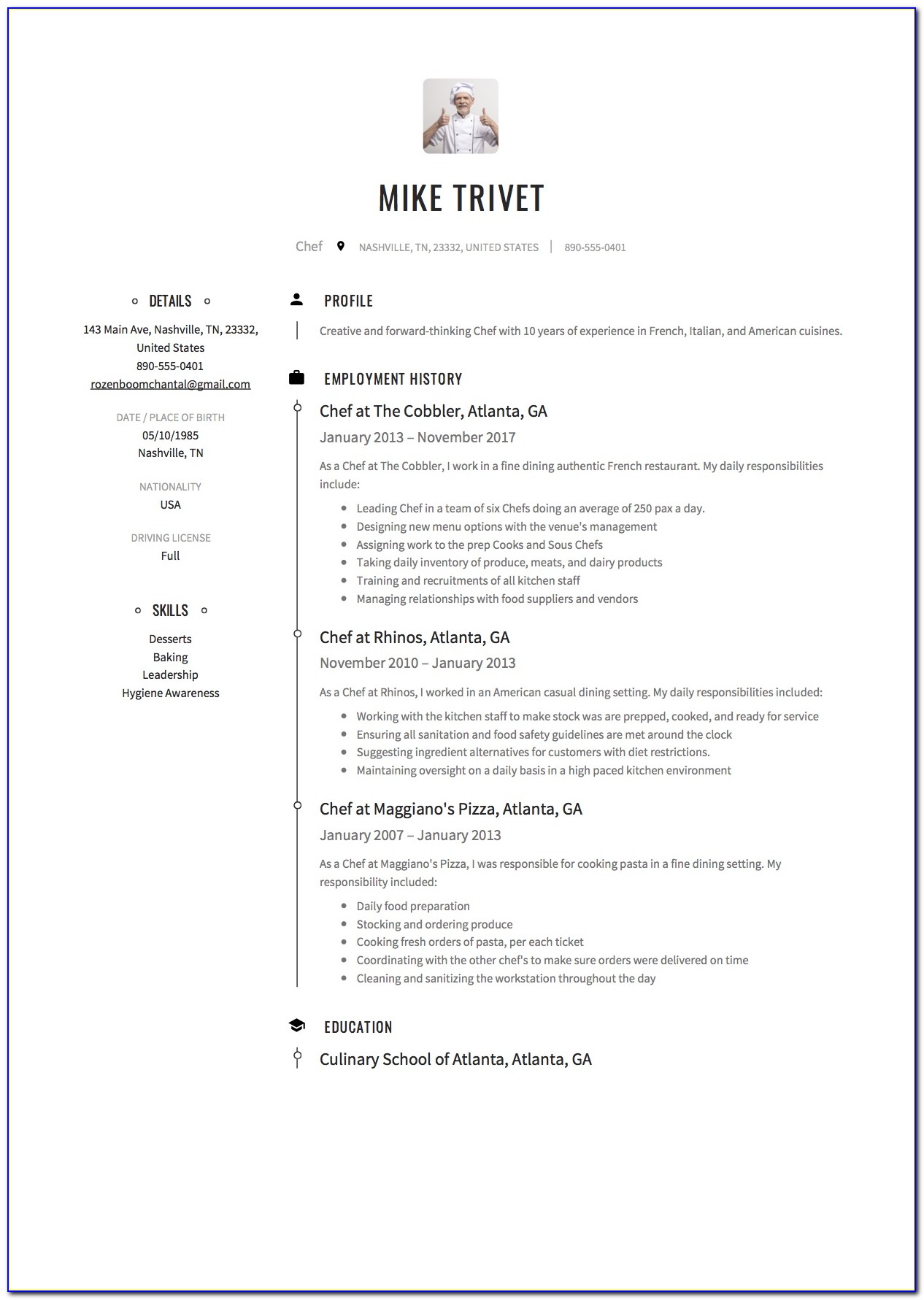 Resume Sample For Sushi Chef