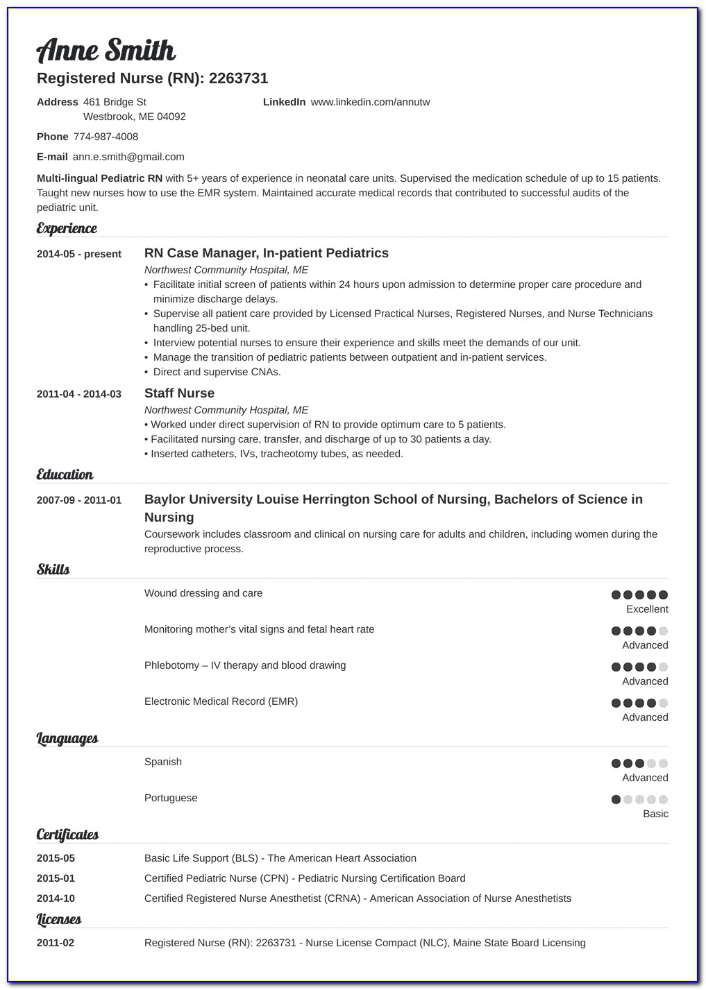 Resume Sample Nurses Experience