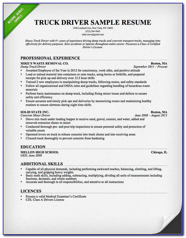 Resume Template For Truck Driving Job