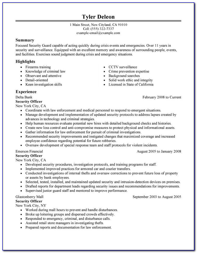 Sample Entry Level Security Guard Resume