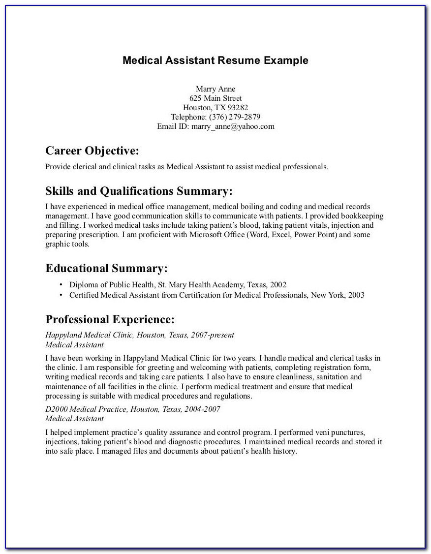 Sample Medical Assistant Resume With No Experience