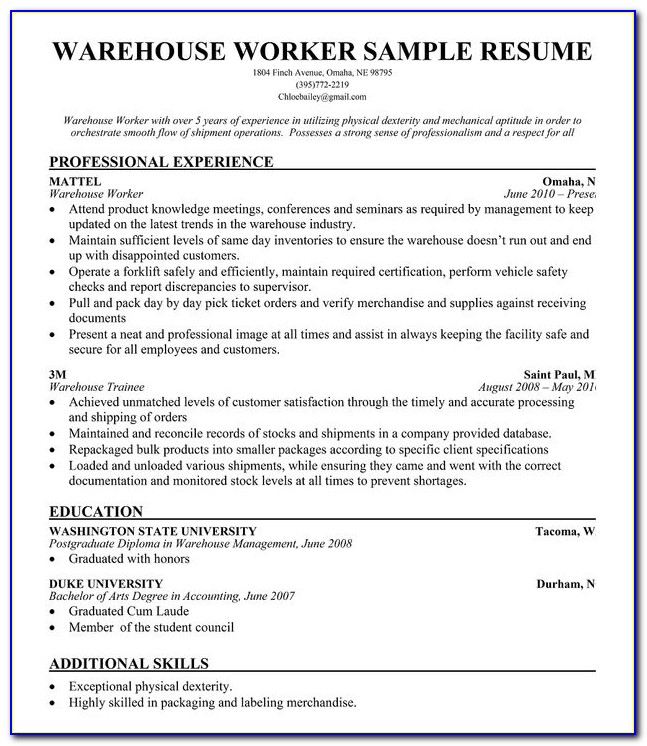 Sample Of Warehouse Supervisor Resume