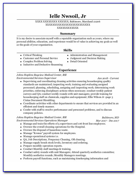 Sample Resume Environmental Services Supervisor