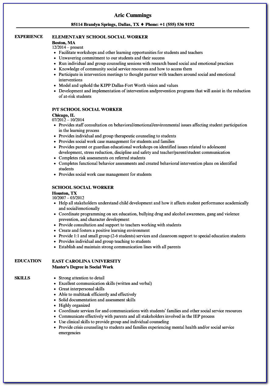 Sample Resume For A School Social Worker