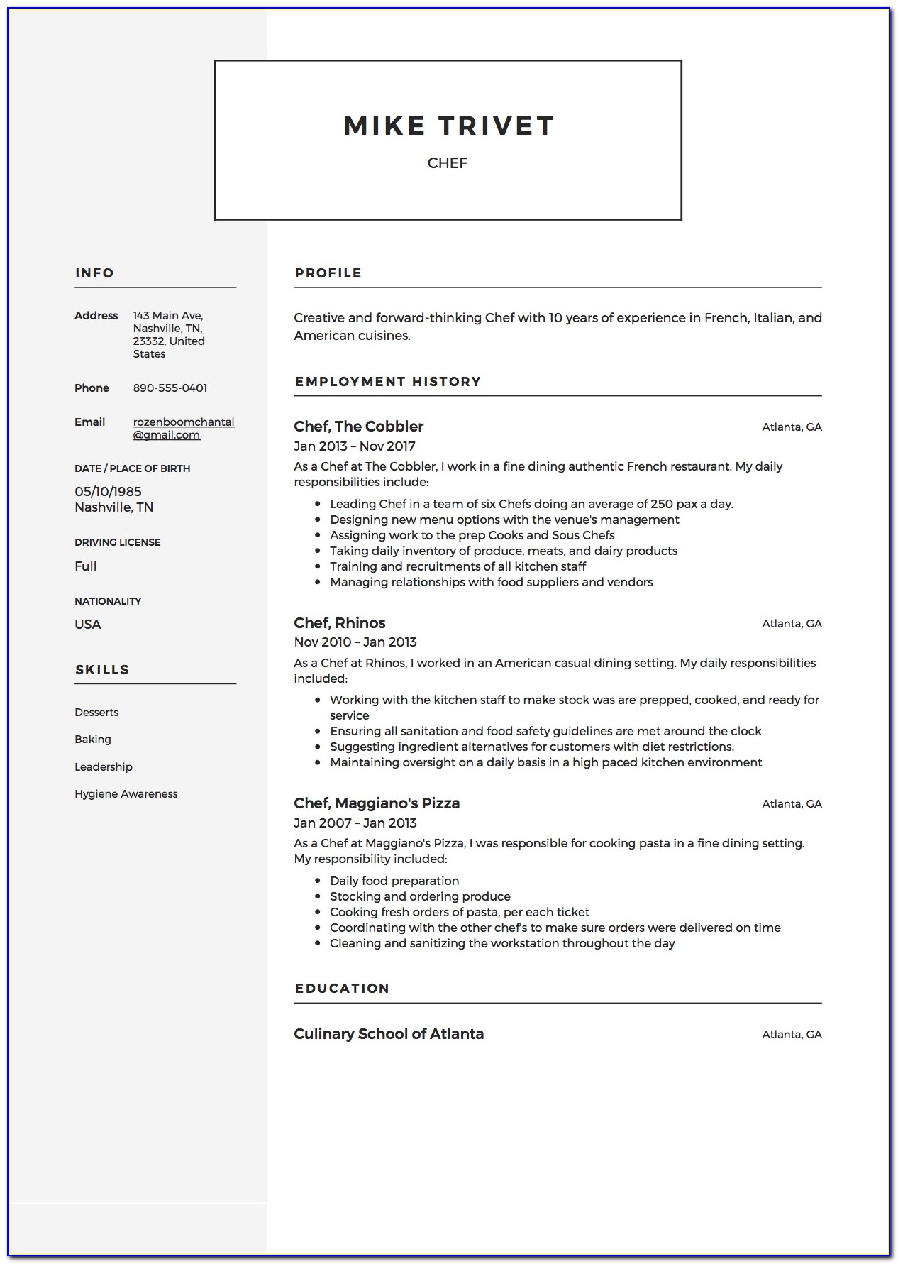 Sample Resume For Chef Manager