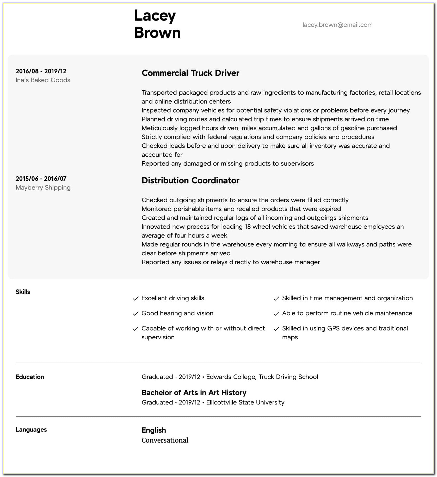Sample Resume For Driving Job