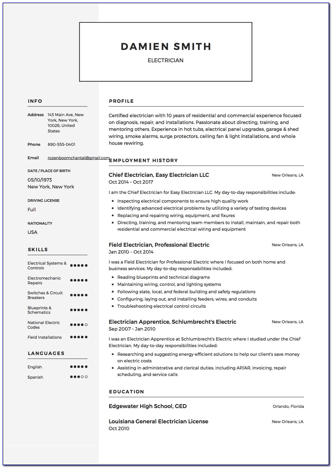 Sample Resume For Electrical Engineer
