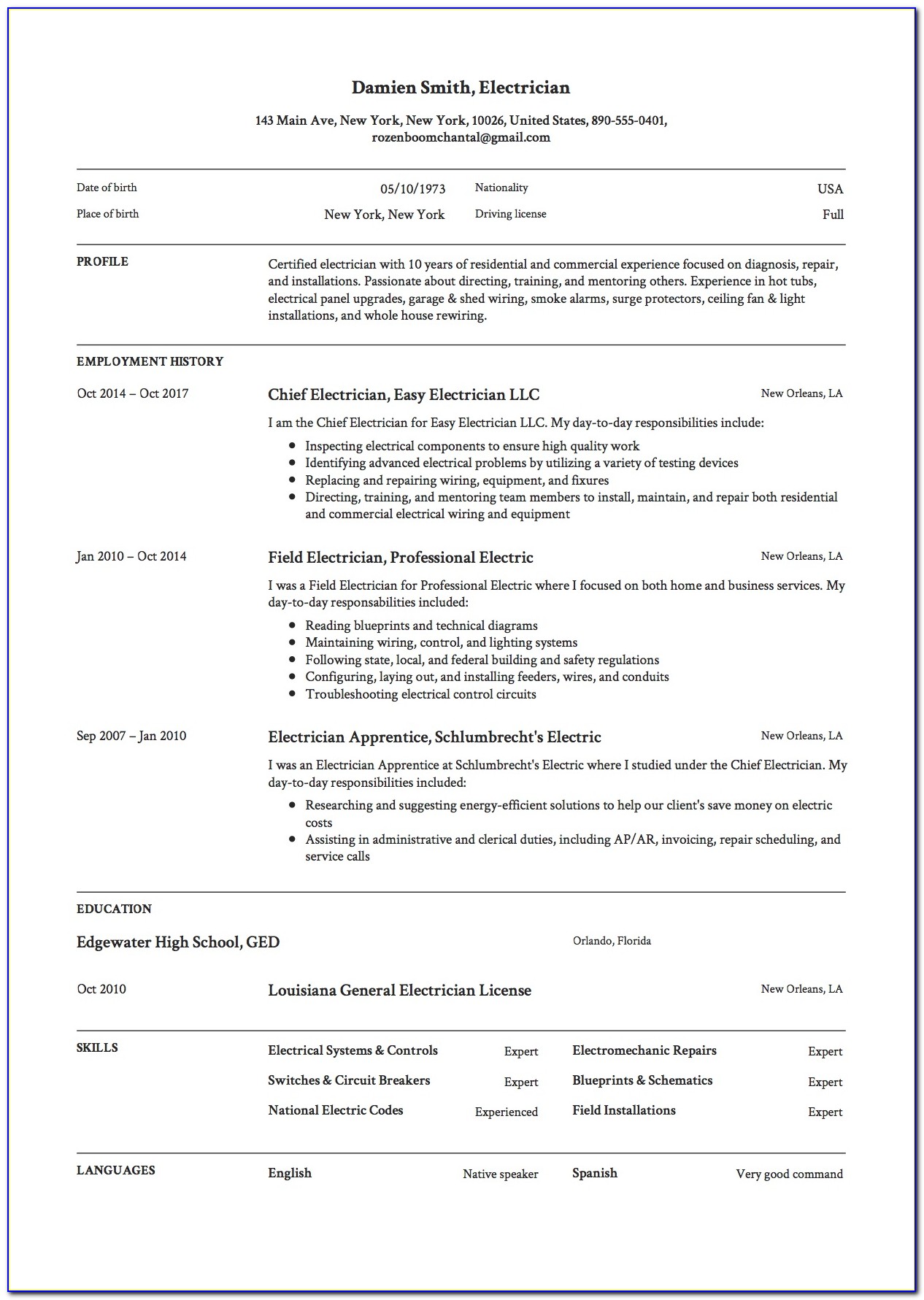 Sample Resume For Electrical Engineers
