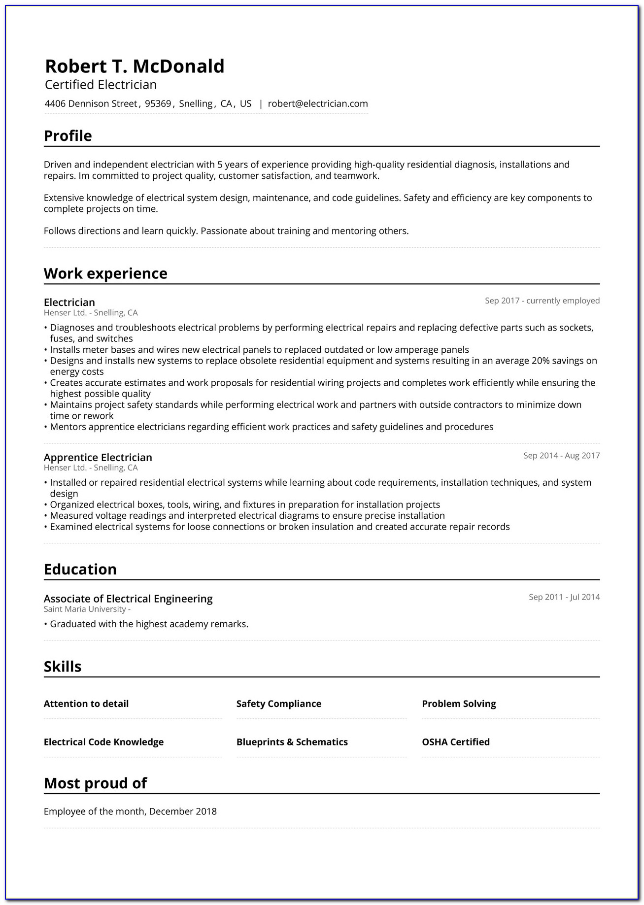 Sample Resume For Electrician Pdf