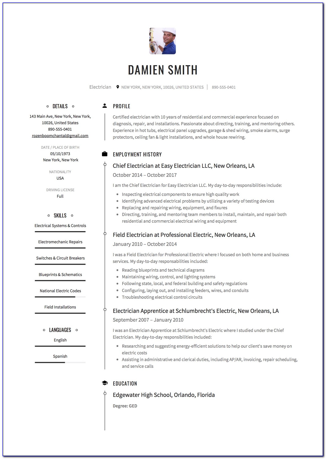 Sample Resume For Electrician