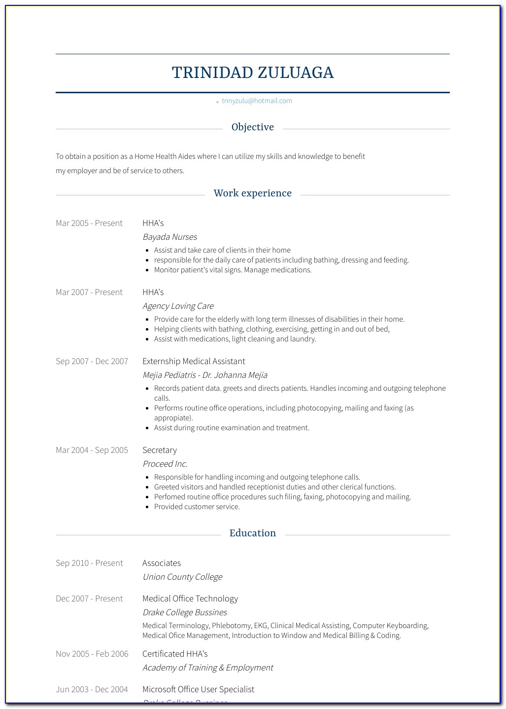 Sample Resume For Hha Job