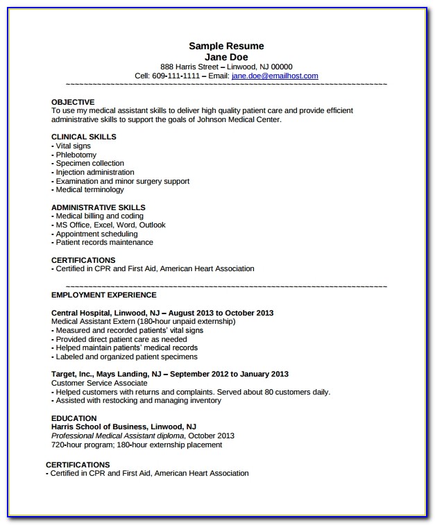 Sample Resume For Medical Assistant With No Experience