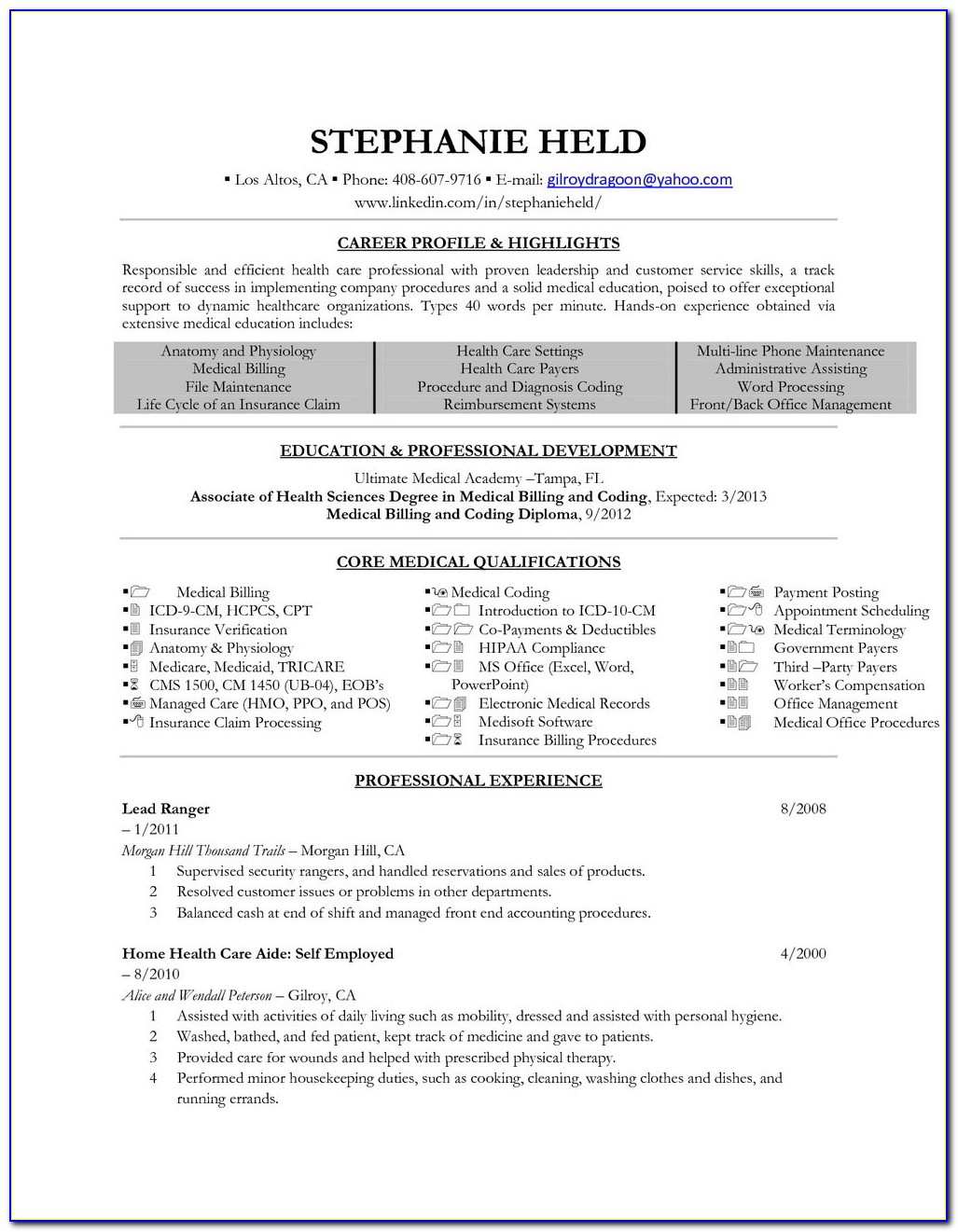 Sample Resume For Medical Insurance Billing And Coding