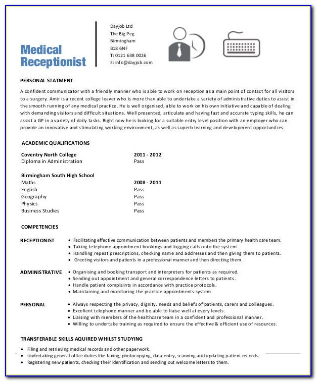 Sample Resume For Medical Office Receptionist