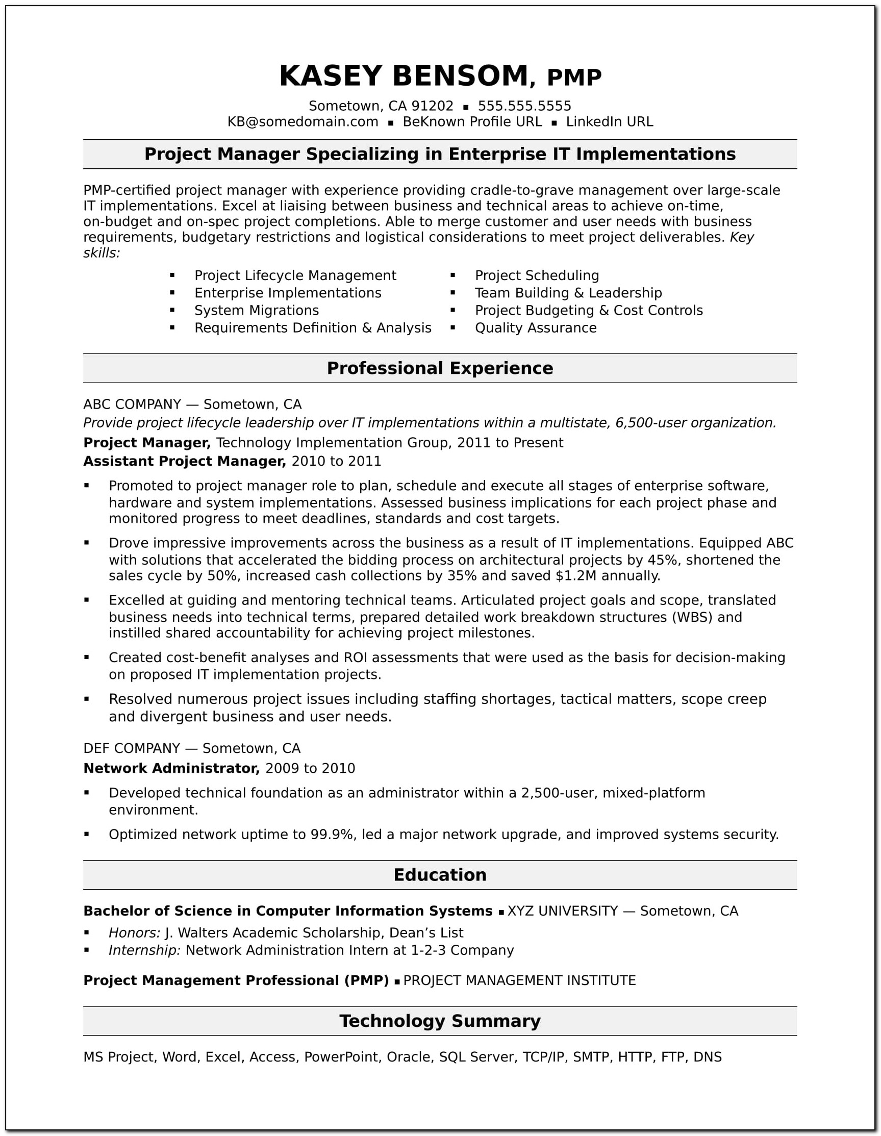 Sample Resume For Project Management