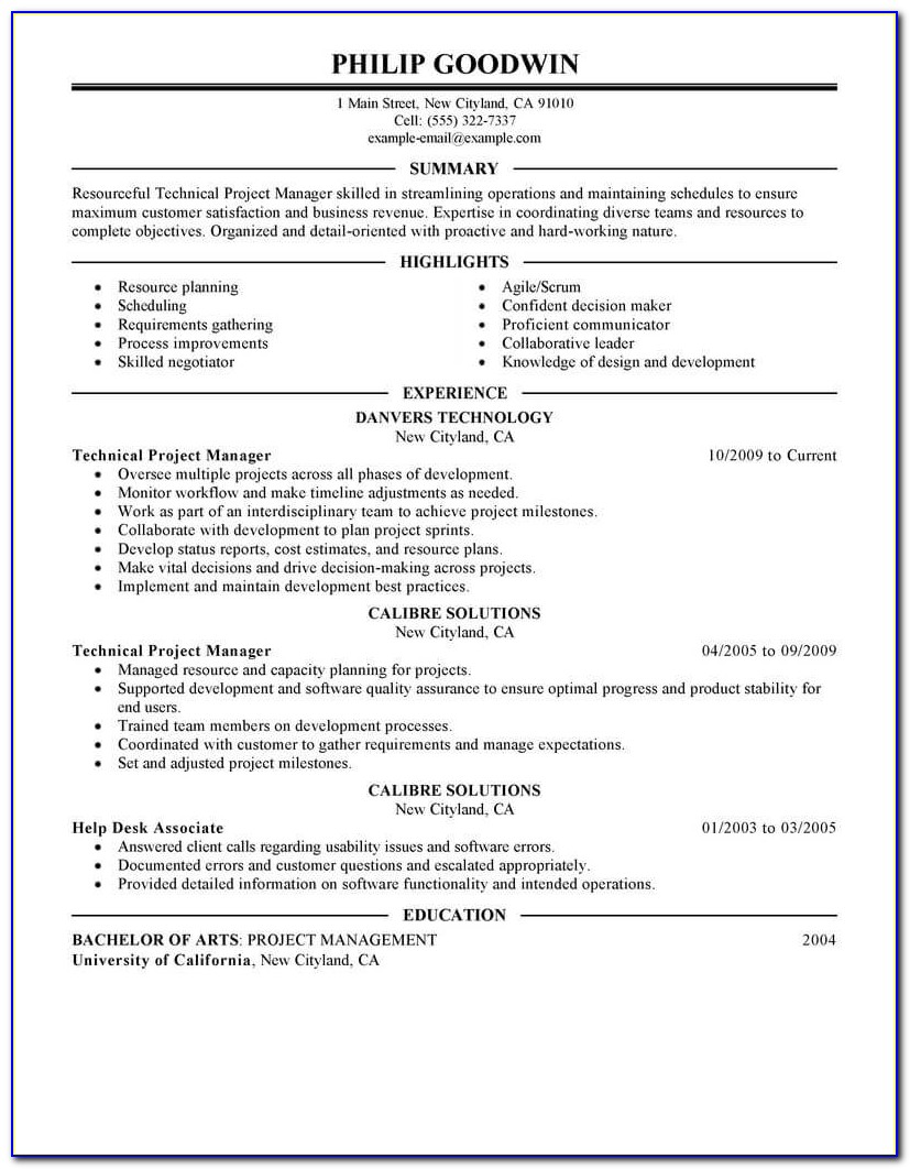 Sample Resume For Project Manager Position