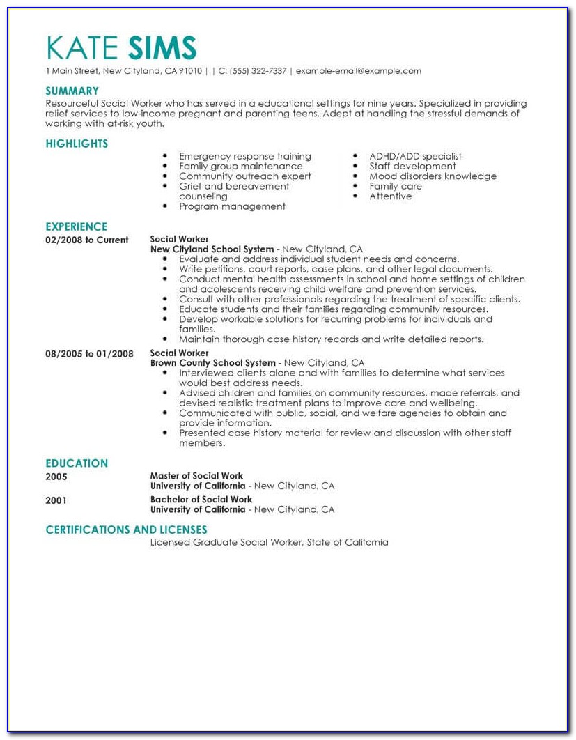 Sample Resume For Social Work Internship