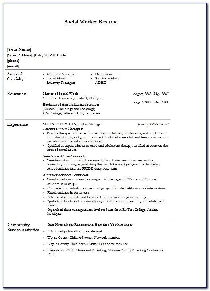 Sample Resume For Social Worker Position