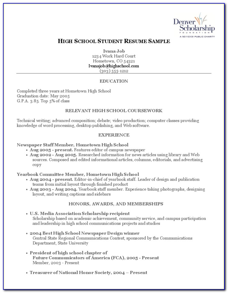 Sample Resume For Student In High School